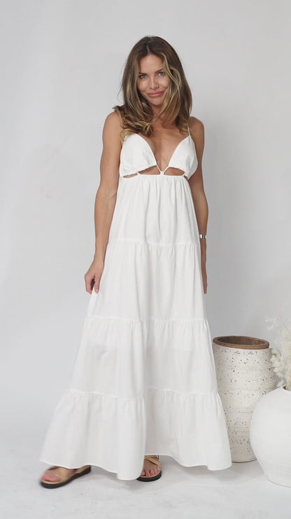 JAASE - Benita Maxi Dress: Adjustable Strap and Bust Cut Out Tiered Dress in Cotton Candy White