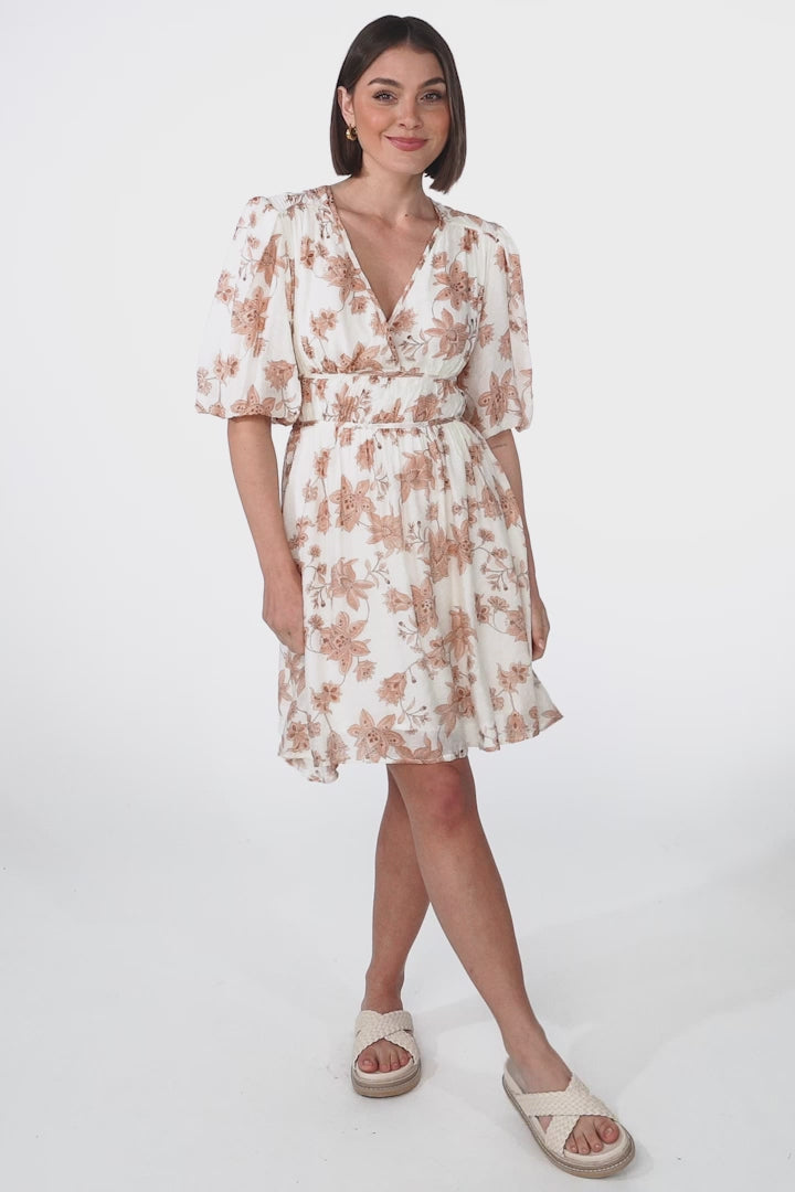 Ester Mini Dress - Cross Front Neckline Gathered Waist A Line Dress in Emelie Print