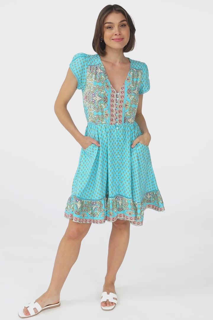 Lizzie Mini Dress - Butterfly Cap Sleeve Button Down Dress with Pockets in Atlantis Print