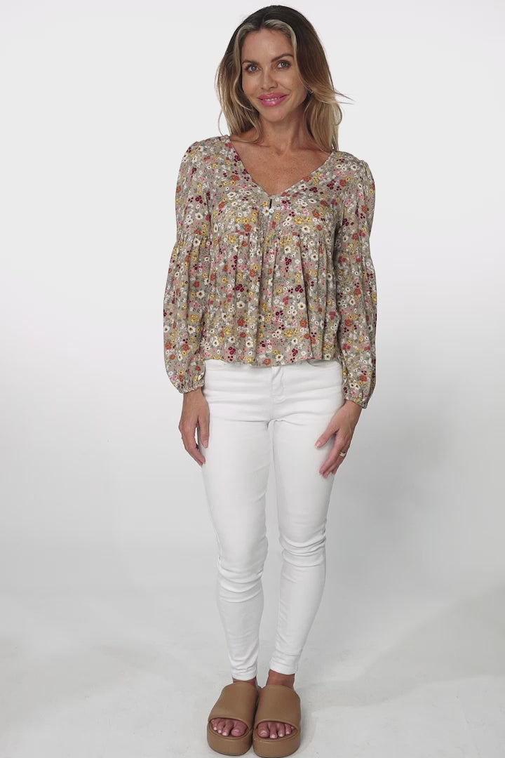 Grace Top - V-Neck Button Decal Long Sleeve Smock Top in Hollie Print Beige