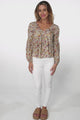 Grace Top - V-Neck Button Decal Long Sleeve Smock Top in Hollie Print Beige