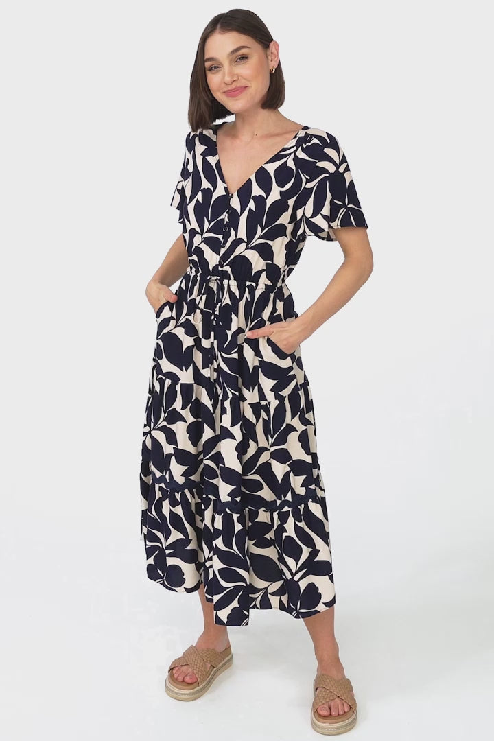 Marly Midi Dress - A Line Dress with Cap Sleeves and Rick Rack Splicing Kiera Print Navy