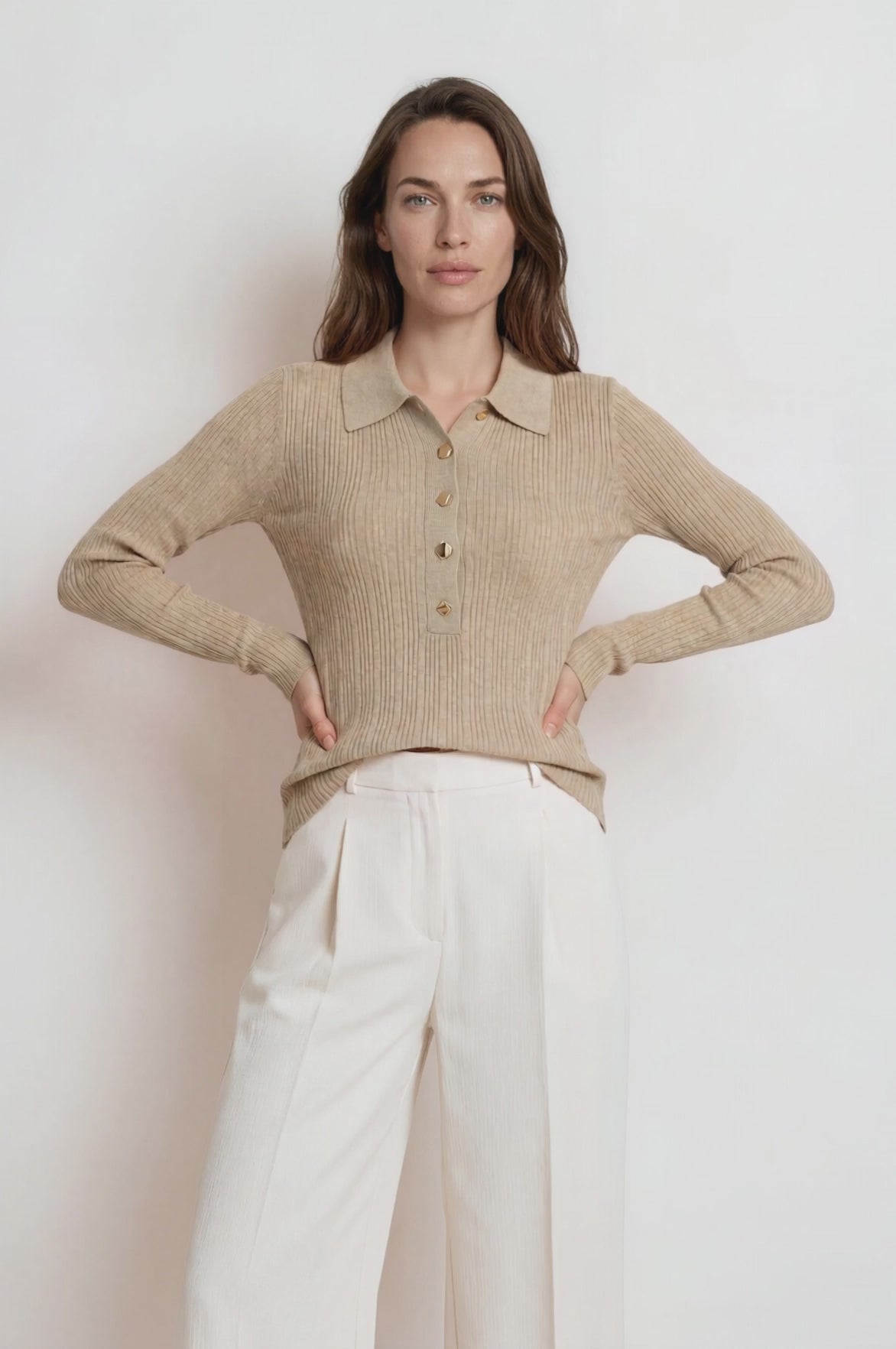Alexander Knit Top - Ribbed Knit Top with long fitted Sleeves Oatmeal
