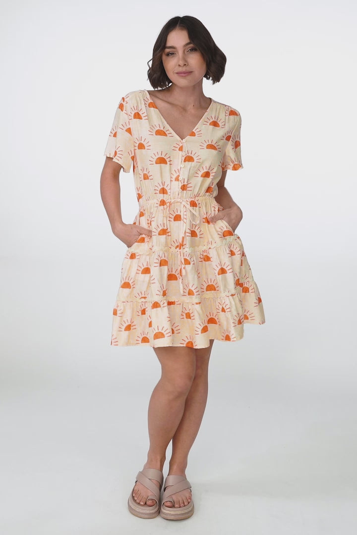 Anica Mini Dress - A Line Tie Waist Dress with Rick Rack Splicing in Casali Print Yellow