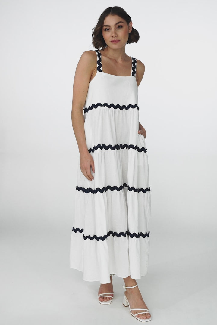 Bailie Maxi Dress - Rick Rack Detailed Sun Dress with Pockets in White