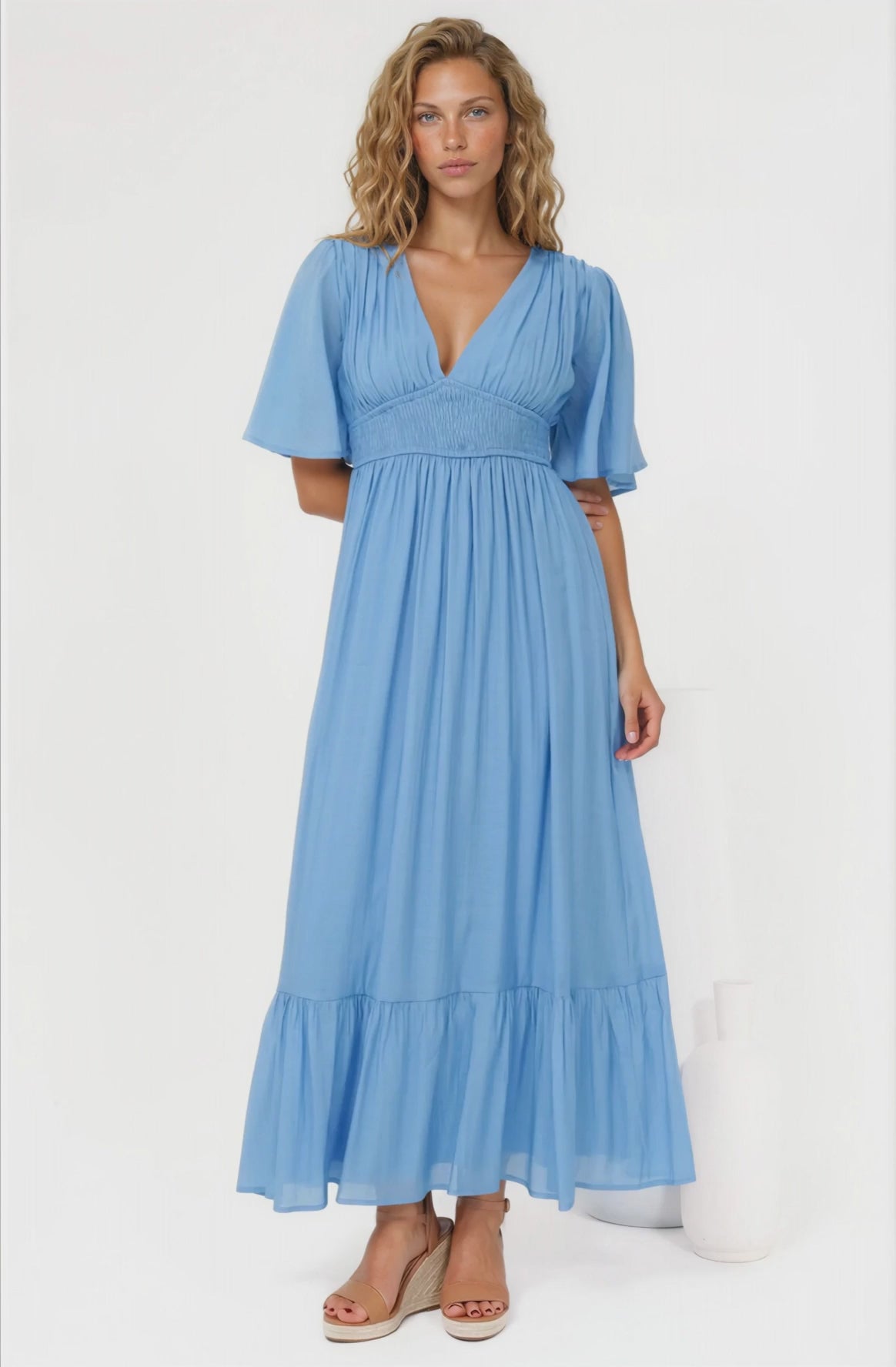 Glades Maxi Dress - V Neck Shirred Waist A Line Dress in Blue