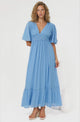 Glades Maxi Dress - V Neck Shirred Waist A Line Dress in Blue
