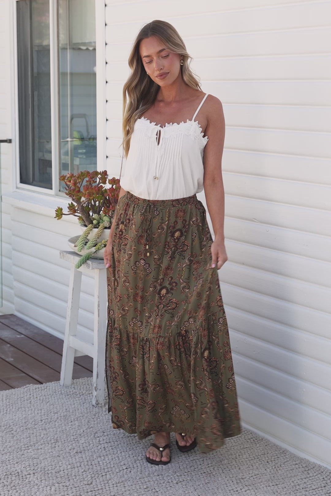 Zia Maxi Skirt - High Waisted Skirt with Tassel Waist Tie and Front Splits in Amani Print