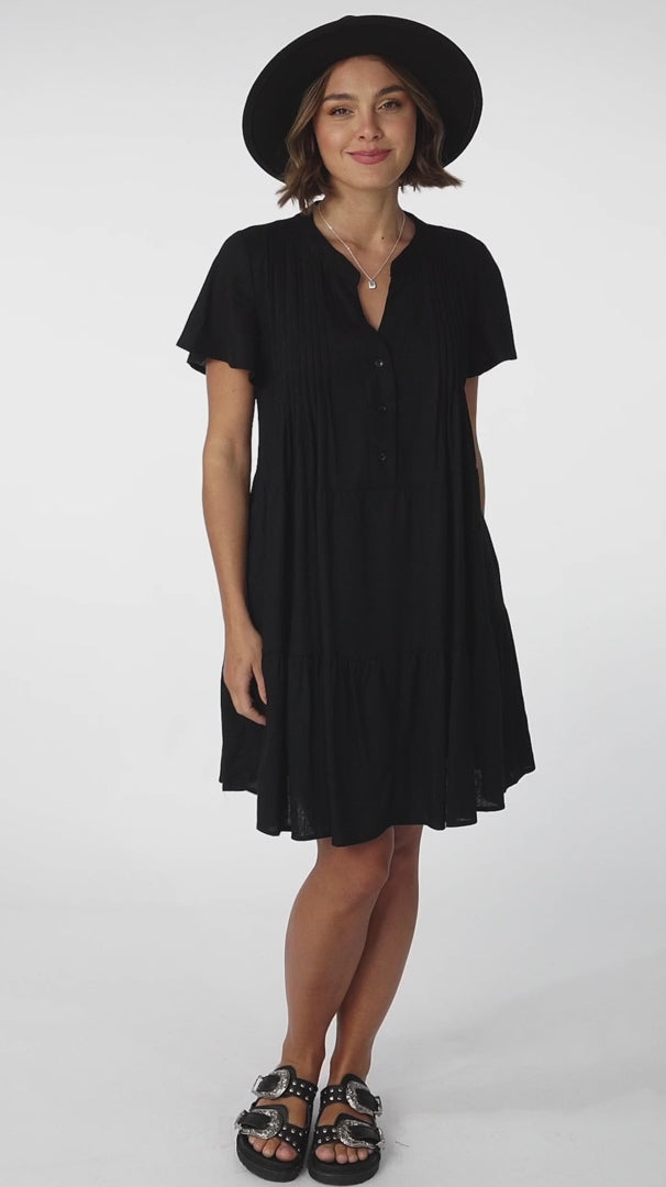 Sloane Mini Dress - Mandarin Collar Pleated Bodice Tiered Smock Dress in Black