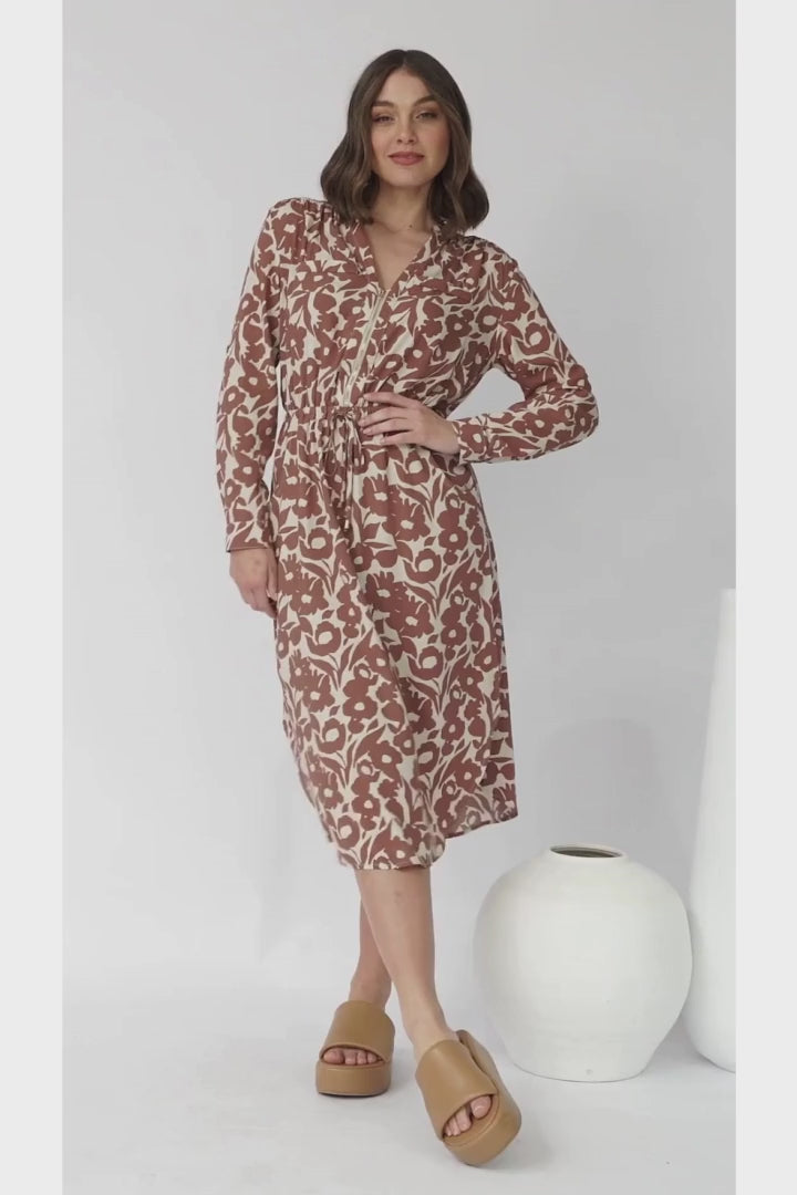 Kae Midi Dress - Zipper Detail V-Neck Dress in Emma-Jade Print Brown