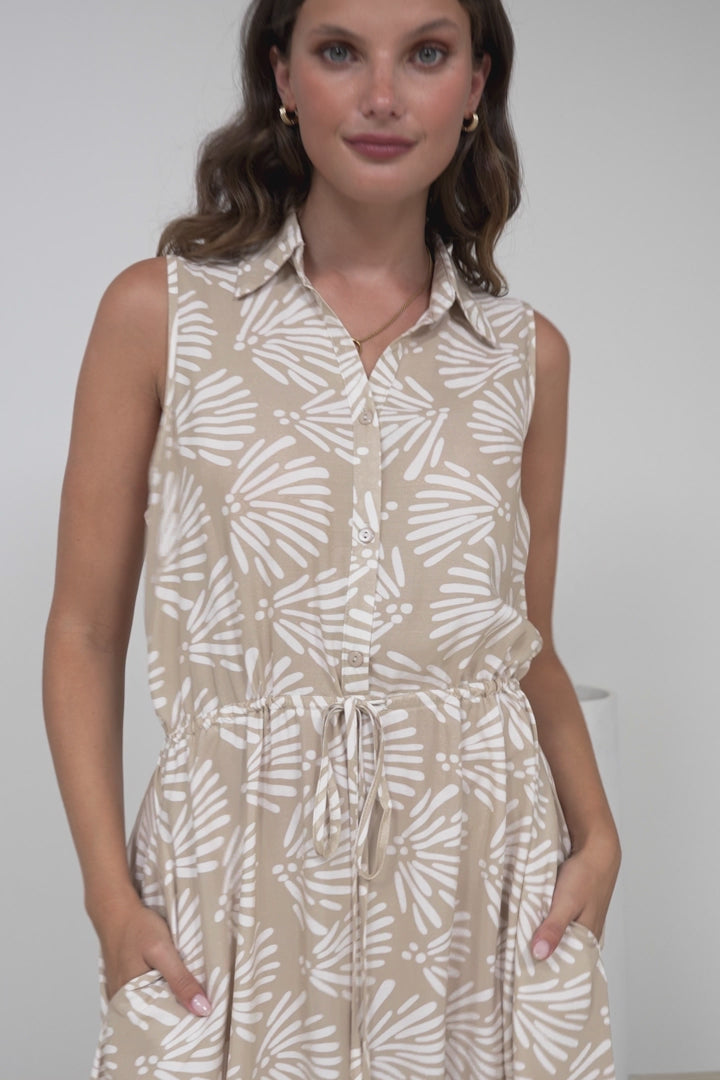 Danika Maxi Dress - Sleeveless Shirt Dress with Pull Waist Tie in Catia Print Beige