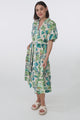 Olisa Midi Dress - Button-Down Contrast Piping Smock Dress with Matching Belt in Adelita Print Green