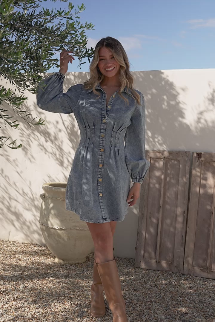 Marlana Mini Dress - Wing Collar A-Line Button Down Denim Dress in Mid Denim Wash