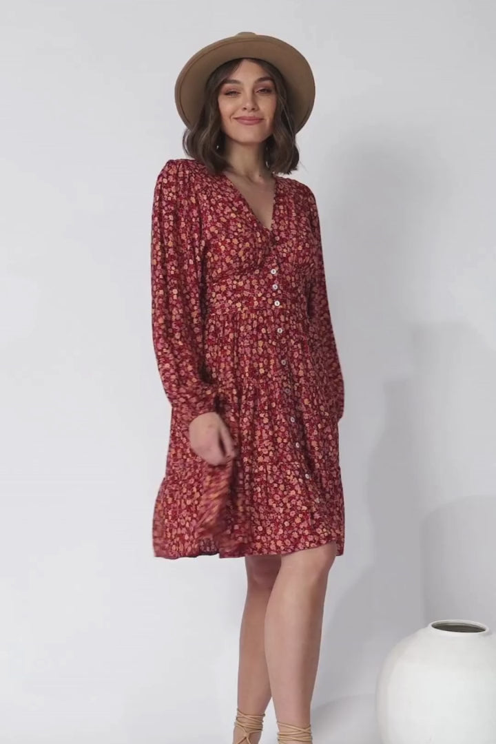 Rosina Mini Dress - A Line Button Down Tiered Dress in Floral Print