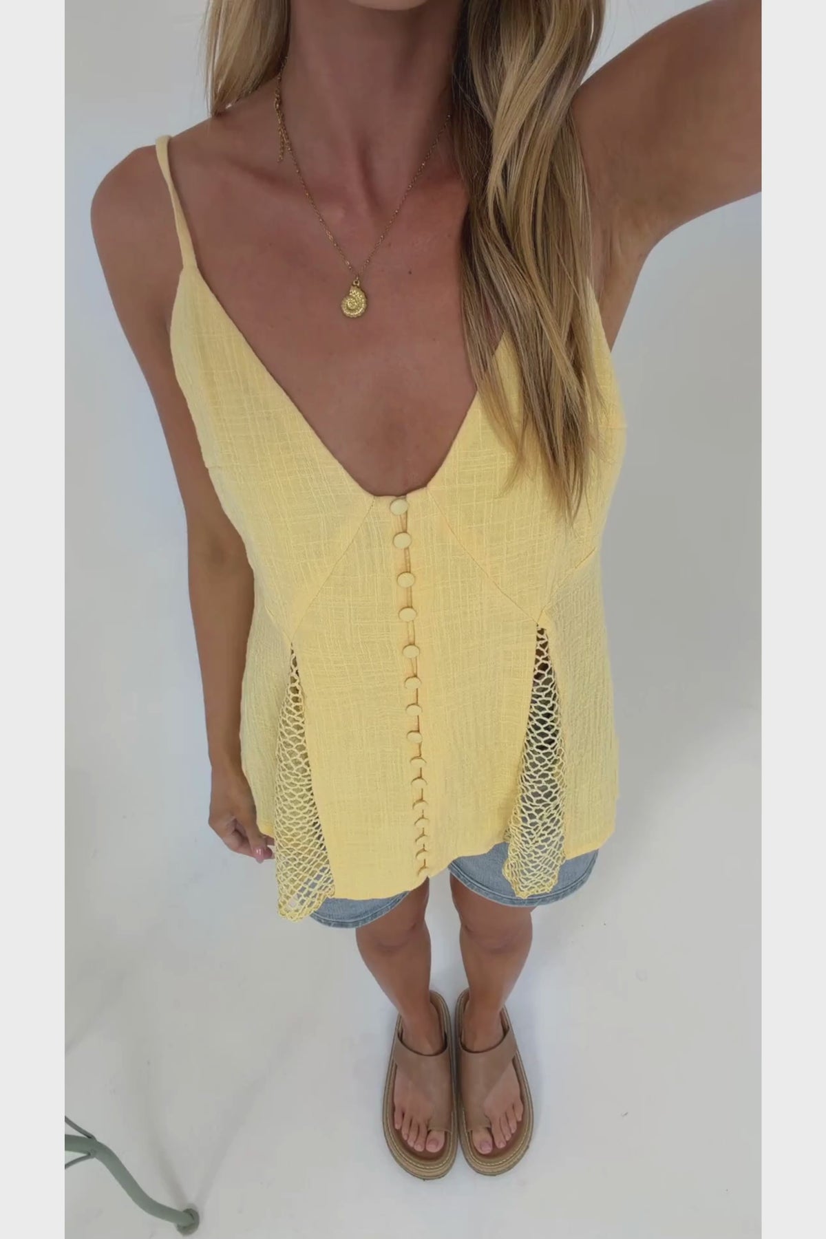 Andros Cami - V Neck Button Down Top with Crochet Net Insert Pants in Yellow
