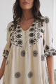 Patty Mini Dress - V-Neck Embroidered Babydoll Dress with 3/4 Sleeves in Solsana Print in Black