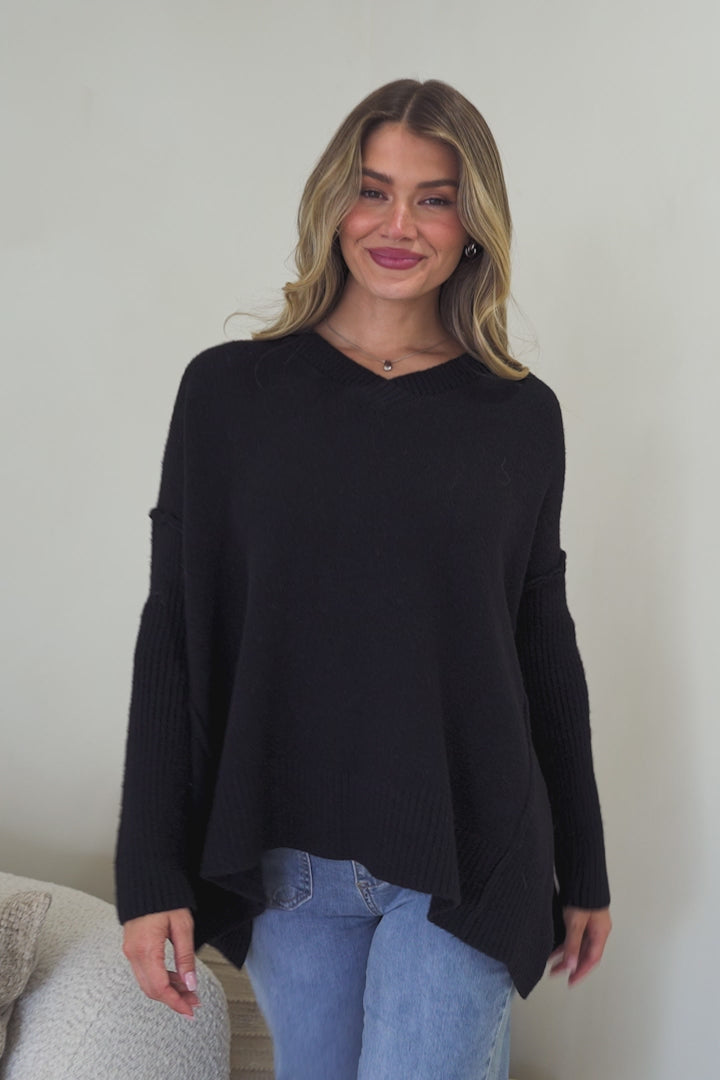 Ridge Jumper - V Neck Relaxed Shark Bite Ribbed Hemline Knit in Black