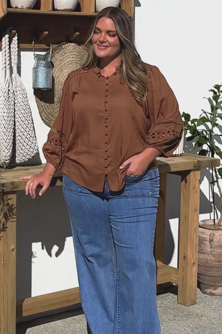 Alyce Shirt - Mandarin Collar Cut Out Detailed Sleeve Button Down in Tan