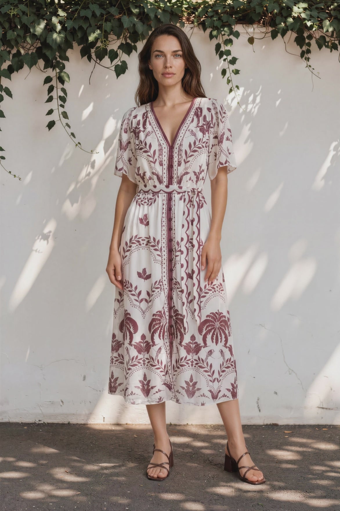 Kaitlyn Midi Dress - V-Neckline Dress with Short Flutter Sleeves in  Maisy Print Wine