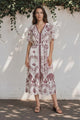 Kaitlyn Midi Dress - V-Neckline Dress with Short Flutter Sleeves in  Maisy Print Wine