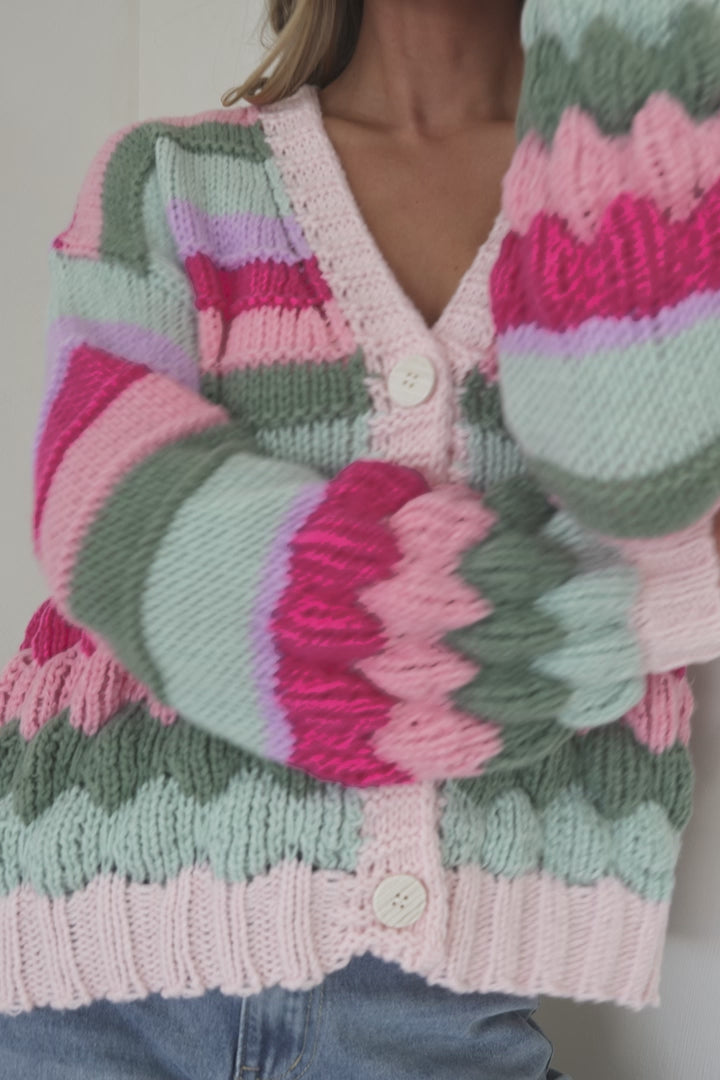Lainey Cardigan - Button Front Stripe Bubble Knit with Long Sleeves in Watermelon