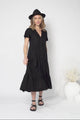 Milla Midi Dress - Tiered Cap Sleeve Button Down Linen Dress in Black