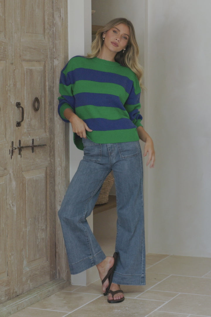 Atlantic Jumper - Crew Neck Relaxed Stripe Knit with Ribbed Hemlines in Green