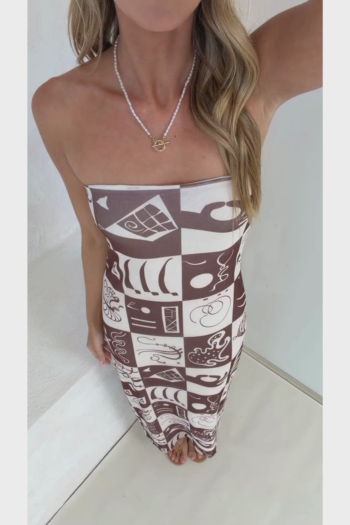 Liberty Maxi Dress - Strapless Mesh Overlay A Line Dress in Lavande Print Brown