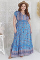 JAASE - Romi Maxi Dress: Button Down Cap Sleeve Dress with Waist Tie in Josianne Print