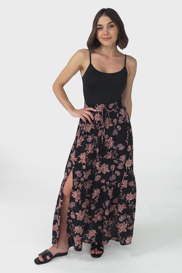 Hellen Maxi Skirt - High Waisted Skirt with Front Splits in Halara Print Black