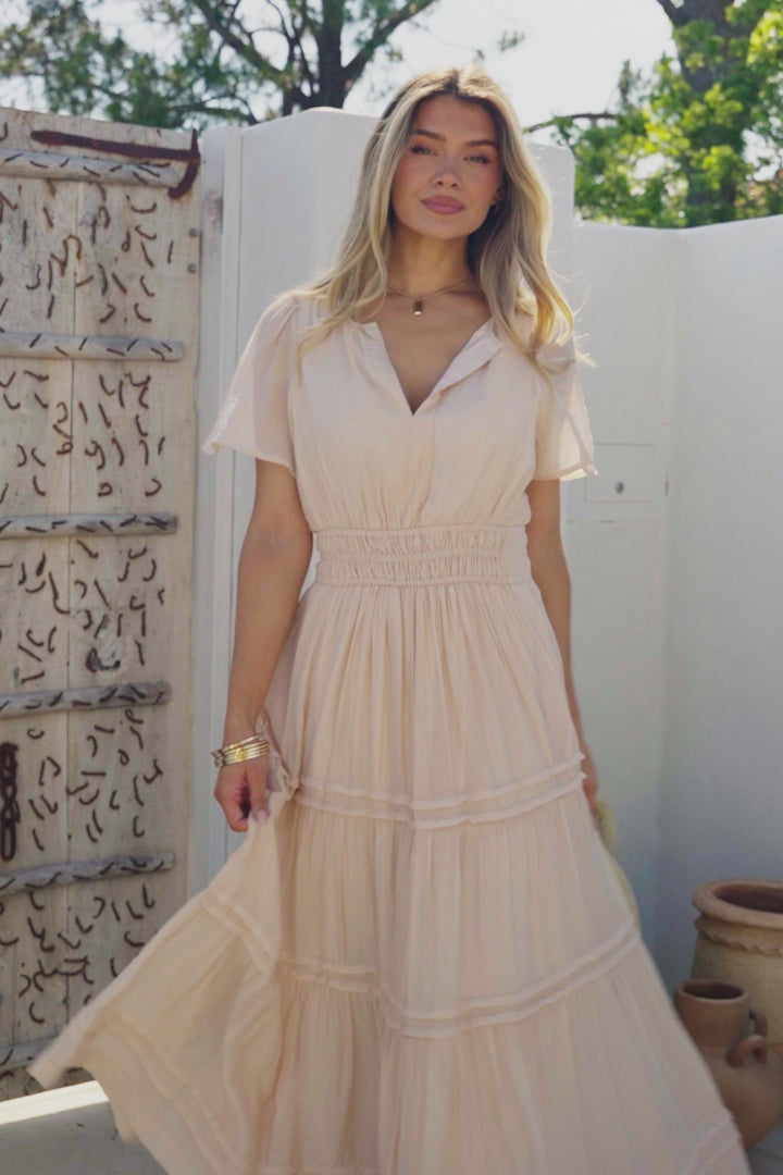 Payton Maxi Dress - Pleat Detailed A-Line Dress with Cap Flutter Sleeves in Beige