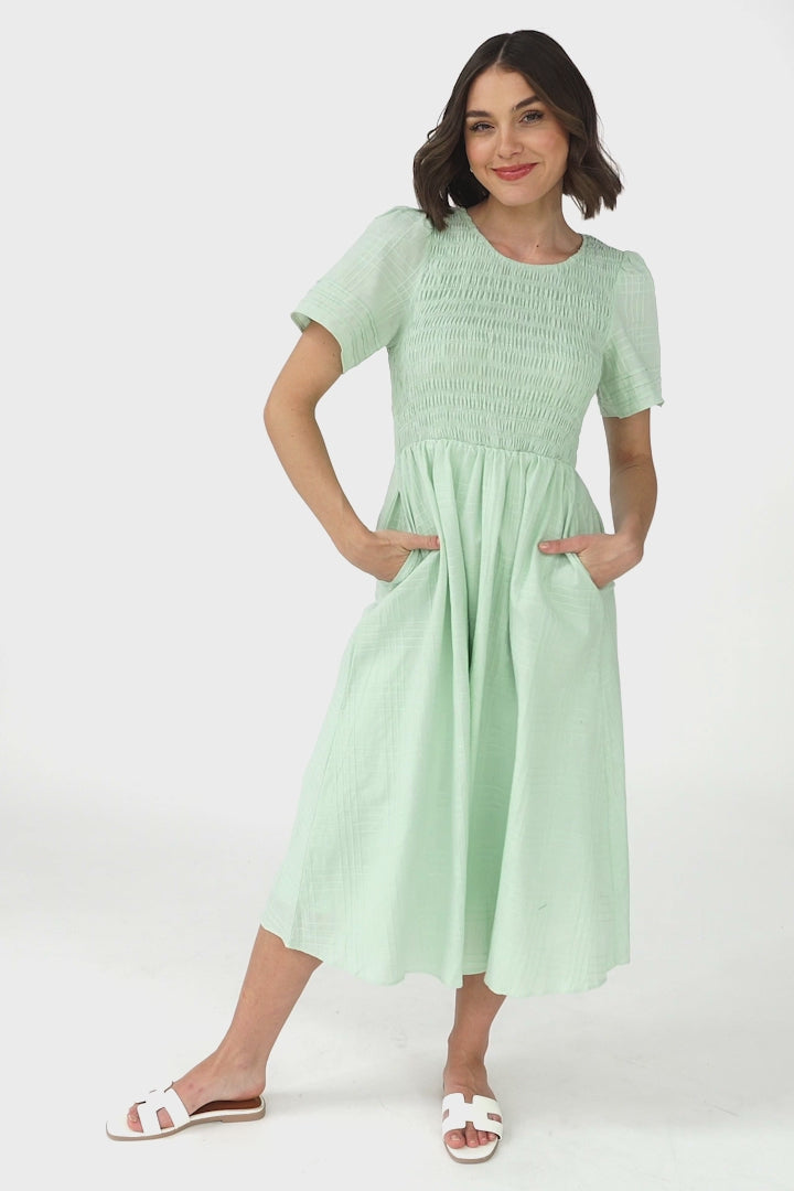 Zoya Midi Dress - Crew Neck Textured A-Line Dress with Short Sleeves in Mint