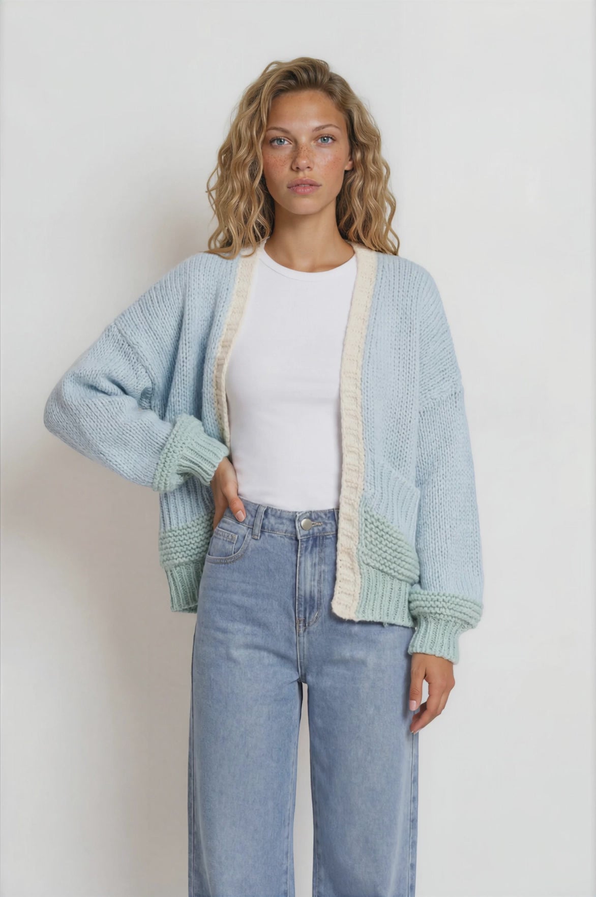 Rosie Cardigan - Cropped Colour Block Cardigan in Blue/Green