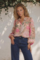 Diandra Blouse - Lace Trim Mandarin Collar Button Down with Balloon Sleeves in Tiana Print Pink