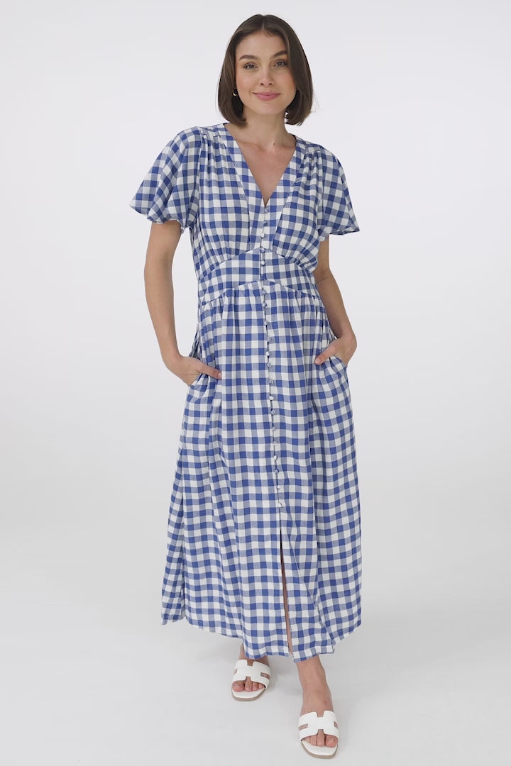 Hani Maxi Dress - Button Down A-Line Dress with Cap Flutter Sleeves in Wila Print Blue