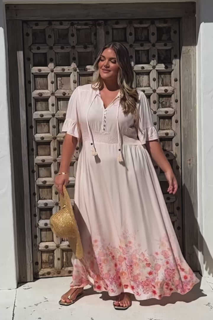 Jemina Maxi Dress - V-Neck Elasticated Waist A-Line Dress in Florence Print Pink