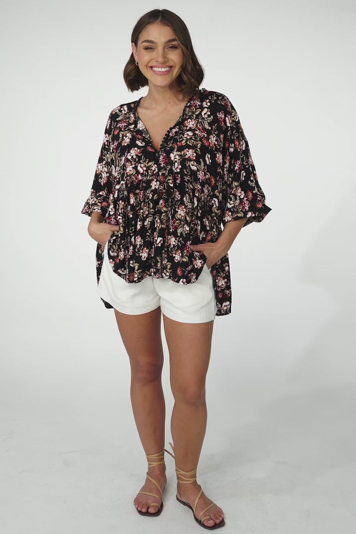 JAASE - Chloe Top: Very Oversized Crochet Trim Neckline Smock Top in Kimber Print