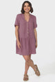 Lucie Mini Dress - Cheesecloth Cotton Shift Dress with Short Buttoned Cuff Sleeves in Mauve