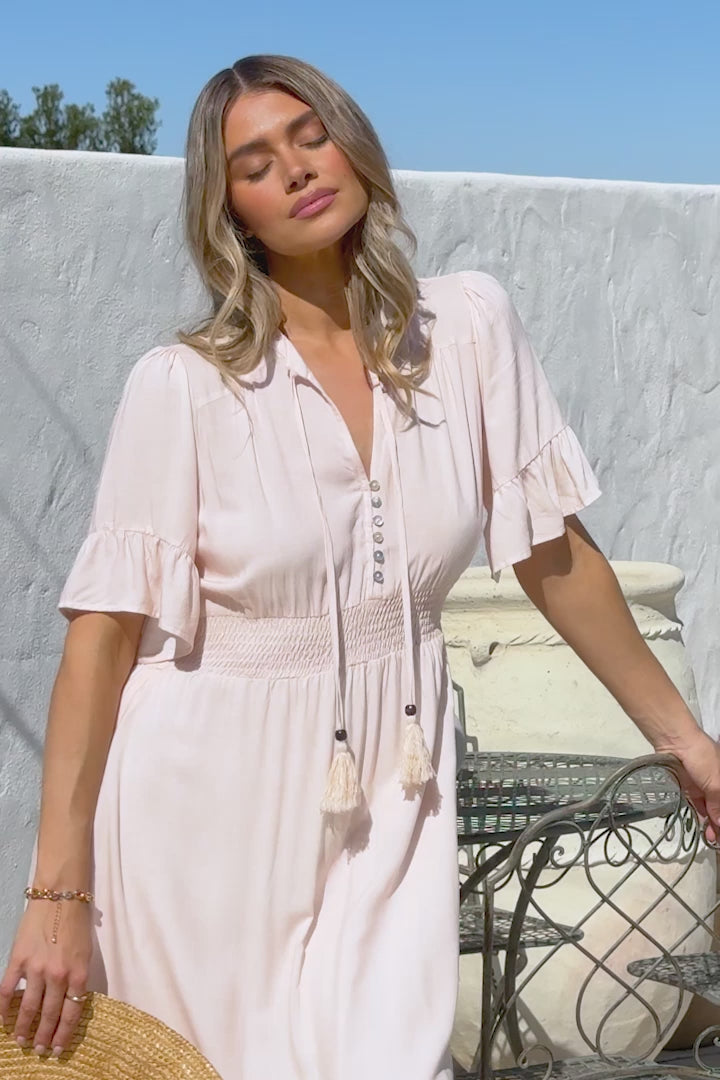 Jemina Maxi Dress - V-Neck Elasticated Waist A-Line Dress in Florence Print Pink