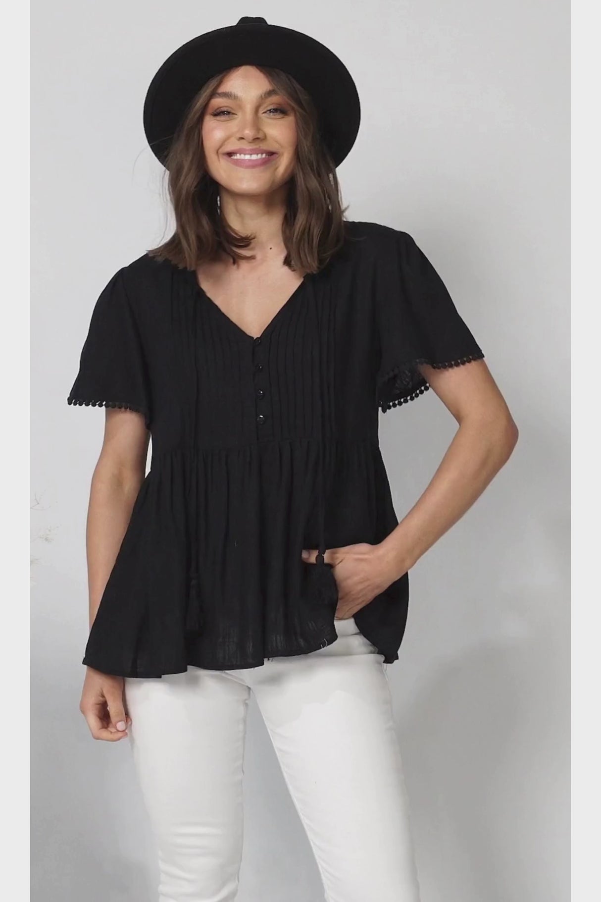 Mallory Top - Pleated Bodice Crochet Trim Cap Sleeve Smock Top in Black