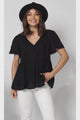 Mallory Top - Pleated Bodice Crochet Trim Cap Sleeve Smock Top in Black