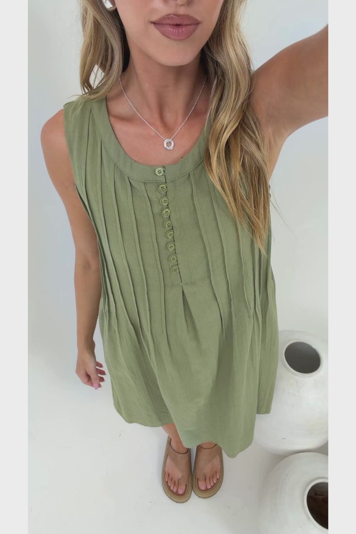 Milos Mini Dress - Crew Neck Pintuck Sleeveless Shift Dress with Pockets in Green
