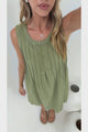 Milos Mini Dress - Crew Neck Pintuck Sleeveless Shift Dress with Pockets in Green
