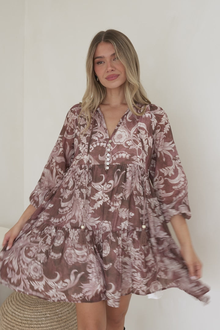Olivia Mini Dress - Mandarin Collar Tiered Smock Dress with Long Sleeves in Pim Print Chocolate