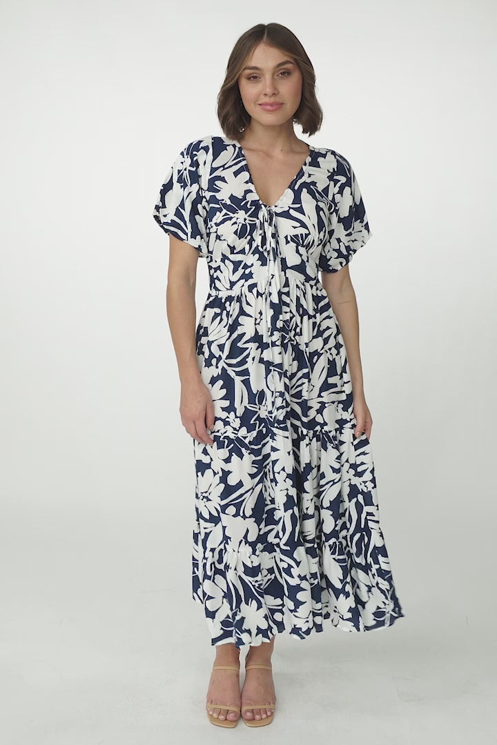 Charis Midi Dress - Pull In V Neckline Dress With Cap Balloon Sleeves In Blue