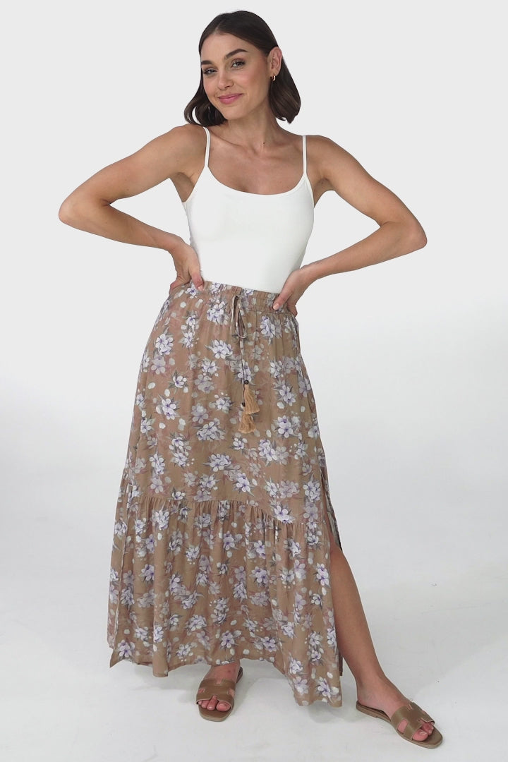 Hellen Maxi Skirt - High Waisted Skirt with Front Splits in Ishaka Print Beige