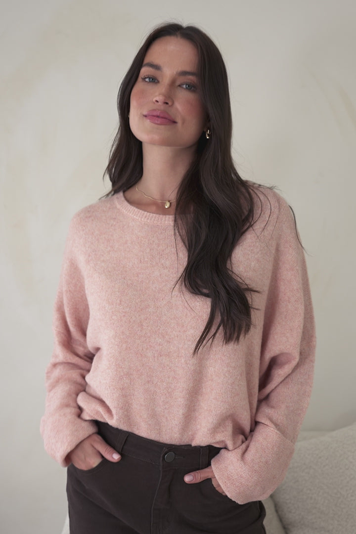 Joanne Knit Top - Crew Neckline Bat Wing Long Sleeve Top in Rose Pink