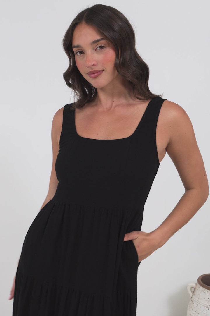 Arielle Maxi Dress - Square Neckline Tiered Dress with Pockets in Black