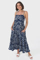 Marlin Midi Dress - Rick Rack Splicing Sun Dress with Adjustable Straps in Sanaz Print Navy