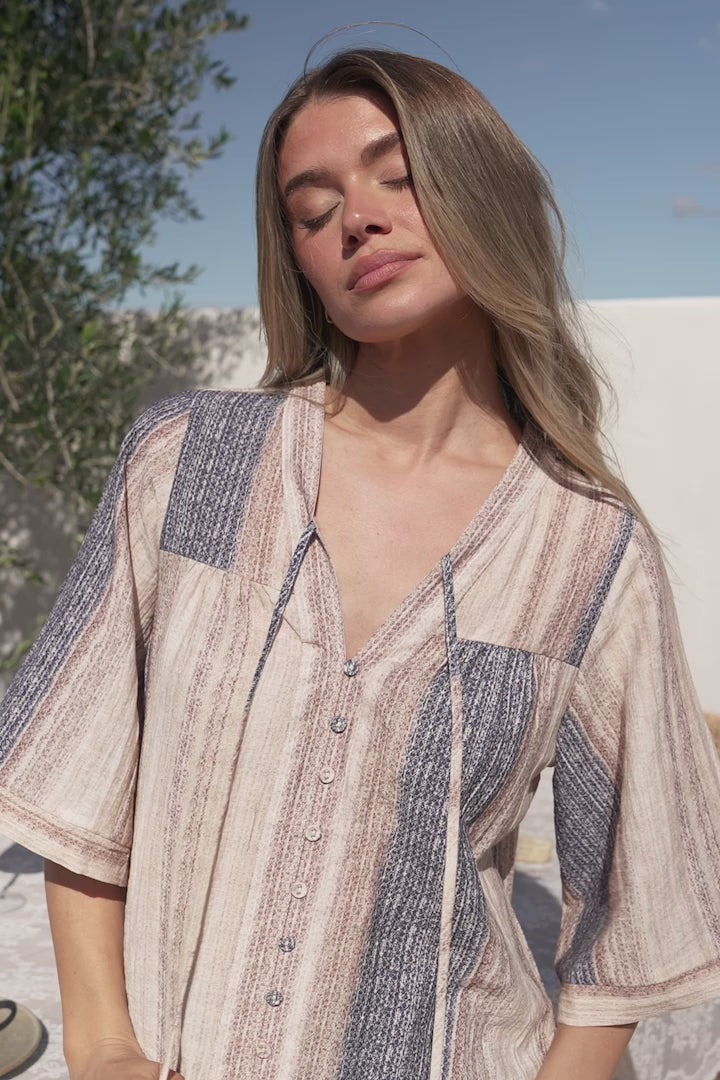 Model wearing Eylsia Blouse in Millaray Print from Salty Crush
